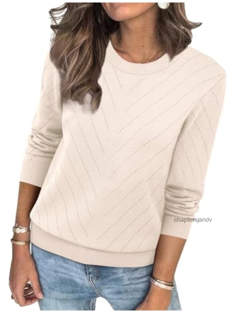 Crew Neck Eyelet Knit Pullover Sweater Long Sleeve Casual Soft Top